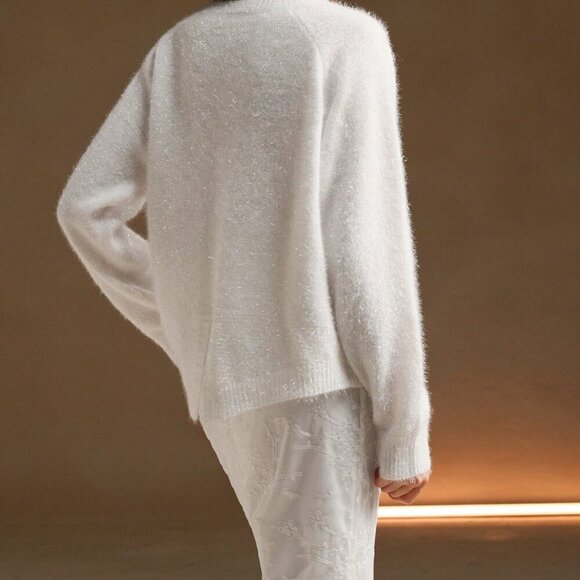 White Casual Women's Elegant Sequin Floral Round Neck Loose Sweater - Picture 4 of 8